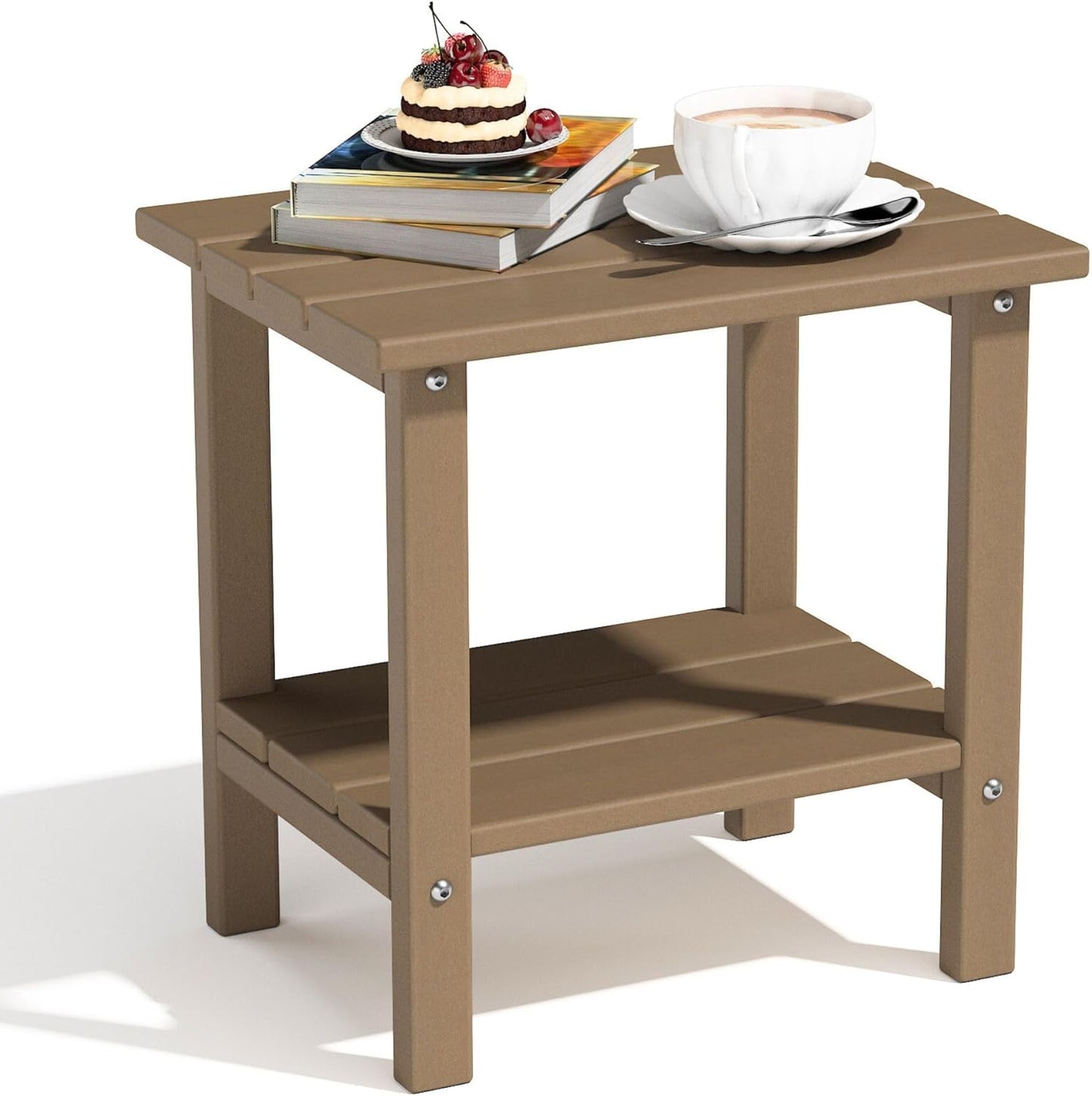 Outdoor Side Table, 2-Tier Adirondack Storage Patio Side Table, Weather Resistant Patio End Table for Backyard & Pool, Durable HDPE Small Outdoor Table, Brown