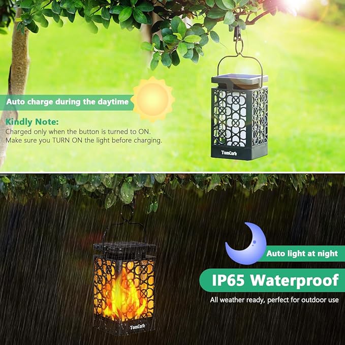 TomCare Solar Lanterns Outdoor Upgraded Flickering Flame Waterproof Hanging Lanterns Decorative Solar Powered LED Christmas Lights for Patio Deck Yard, 2 Pack