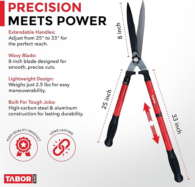 TABOR TOOLS B212A Telescopic Hedge Shears with Wavy Blade and Extendable Steel Handles. Extendable Manual Hedge Clippers for Trimming Borders, Boxwood, and Tall Bushes.