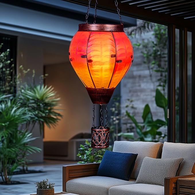 Hot Air Balloon Solar Lantern with Flickering Flame Light Outdoor Solar Hanging Lights Waterproof for Garden Yard Farmhouse Patio Pathway Outside Decoration, Pink&Orange