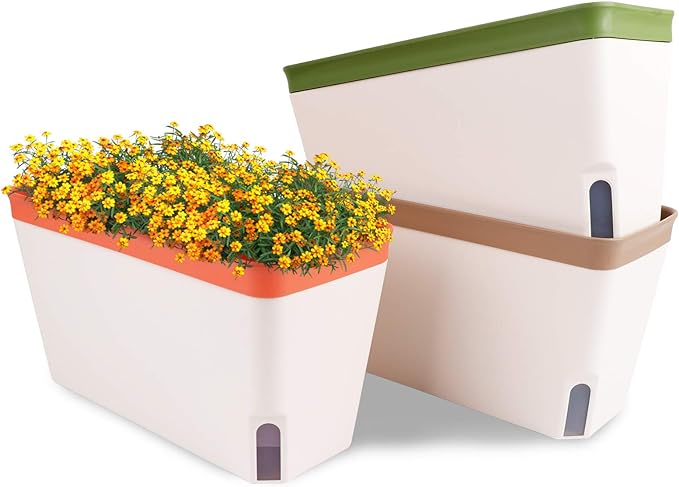 OurWarm Windowsill Herb Planter Box, Set of 3, Self Watering Plant Pots, 10.5 Inch Rectangular Planter Pots, Decorative Garden Flower Pots for indoor plants, Herbs, Vegetables, Flowers (3 Colors)