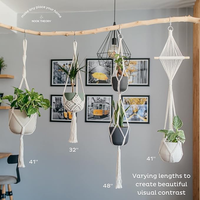 Nook Theory 4-Pack Macrame Plant Hanger - with 8 Ceiling Hooks - Hanging Planter Indoor Outdoor - Hanging Plant Holder - Decorative Bohemian Plant Hangers - Hanging Plants (Caramel)