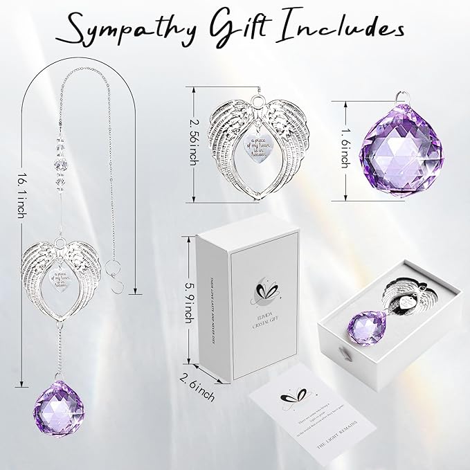 Sympathy Gift Modern Grief Gift for Lose of Loved Ones, Memorial Suncatcher with 40mm Crystal Ball, Sorry for Your Lose Rainbow Maker, Bereavement Gift Idea Angel Wings Design, Purple