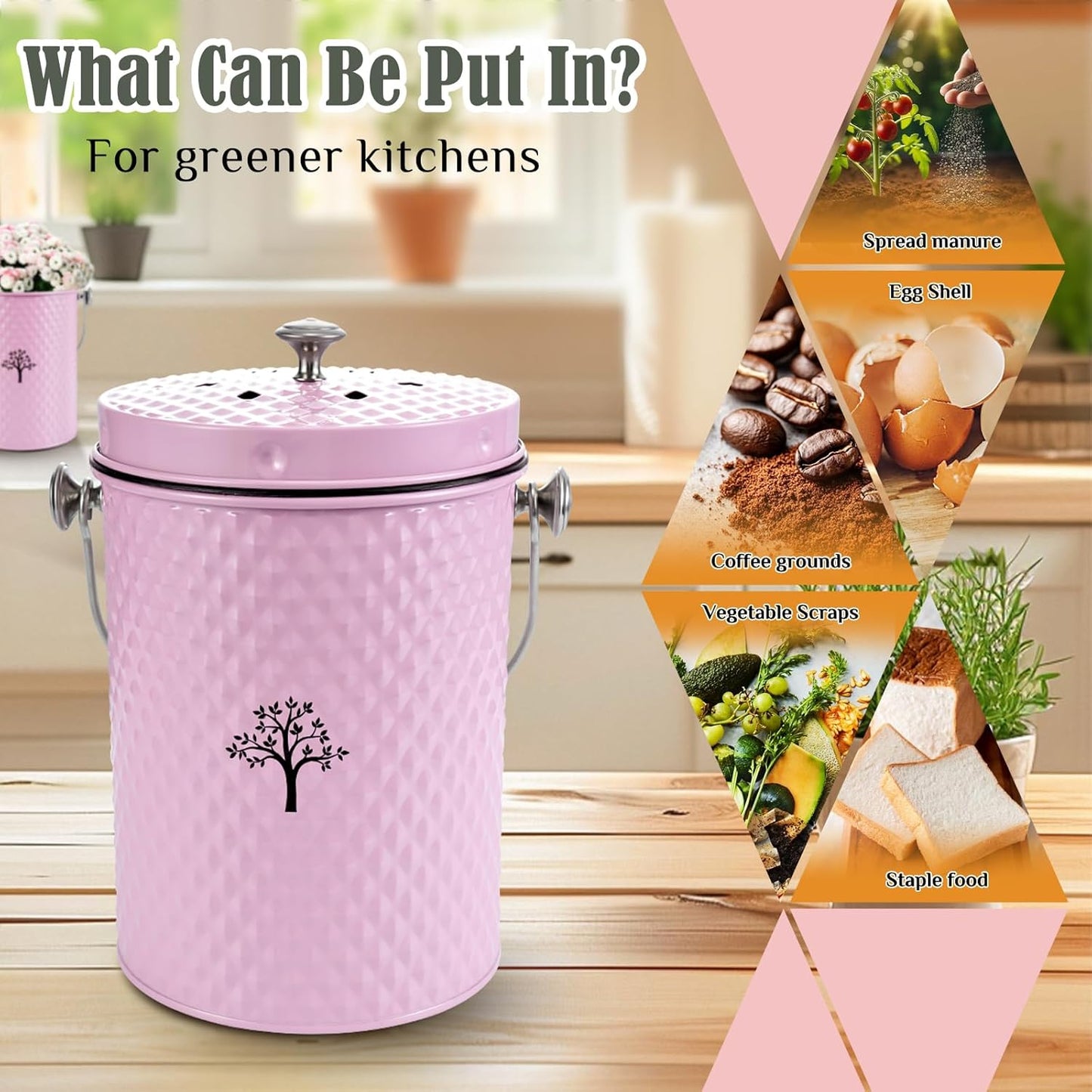 AOSION Countertop Compost Bin Kitchen，Odorless Indoor Compost Bin with Lid and Compost Bags,Compost Bucket Composter Container for Food Waste,Pink