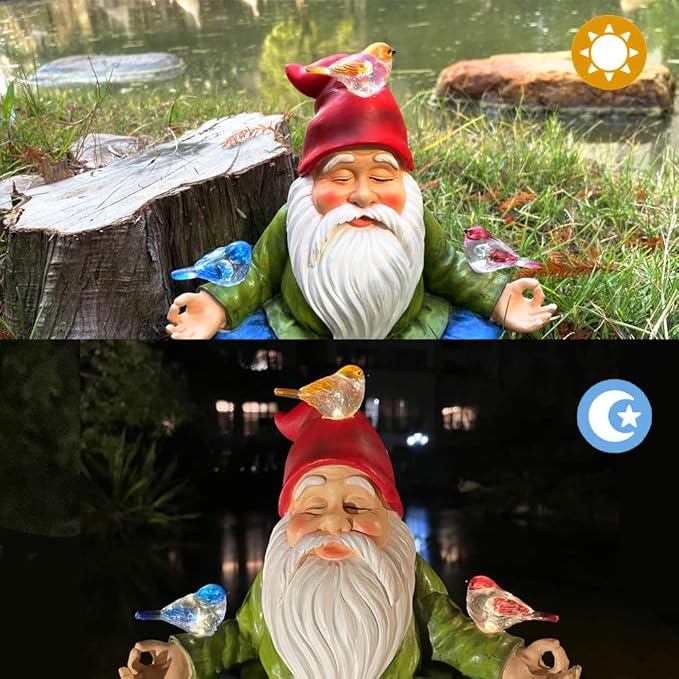 Solar Powered Gnome with Red Hat and 3 Birds Decorated Solar Light, Garden Decorations Statues, Garden Light Decor for Lawn Ornaments, Resin Garden Figurines (Gnome with 3 Birds)
