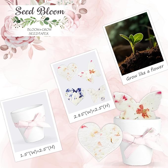 Set of 6 Seed Paper – 6 Pink Hearts & 6 White Pots with Bow for Weddings & Life Events