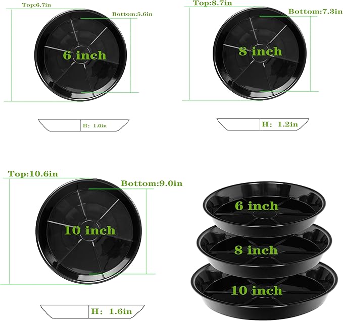 15 Pack Plant Saucer Drip Tray, 6 8 10 inch, Heavy Sturdy Plastic Planter Flower Pot Saucers for Indoor Outdoor Garden, Plant Water Drip Trays for pots Base (6"/8"/10", Black)