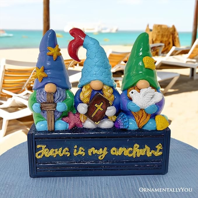 Spring & Summer-Themed Garden Statues – Adorable Outdoor Decor for Lawn, Patio & Porch (Nautical Themed Religious Gnome Figurine, Jesus is My Anchor 6" Beach House Statue)