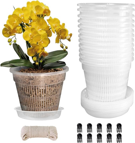 Orchid Pot,12 Pack 5.5Inch Clear Plastic Orchid Pots with Saucers, Orchid Pots with Holes, Orchid Pots for Repotting, Orchid Breathable Slotted Pot(12Pcs 5.5in+ Saucers)