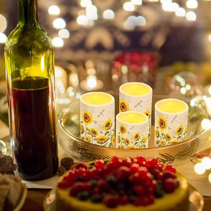 Flameless LED Candles Electric Candle Set with Remote Timer Color Changing Control Long Lasting for Table Centerpiece Home Indoor Decoration Pack of 4, Sunflower Dragonfly Retro