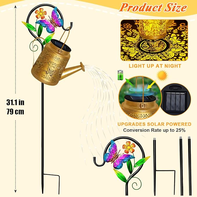 Solar Watering Can Lights Outdoor Garden Decor, Large Butterfly Hanging Lantern with Shepherd Hook, Waterproof Garden Lights for Outdoor Landscape Pathway Yard, Gift for Mom Grandma