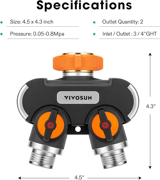 VIVOSUN Garden Hose Splitter 2 Way Heavy Duty, Upgraded Highly Durable Dual Water Hose Connector, Faucet Adapter with Comfortable Rubberized Grip for Drip Irrigation, Lawns