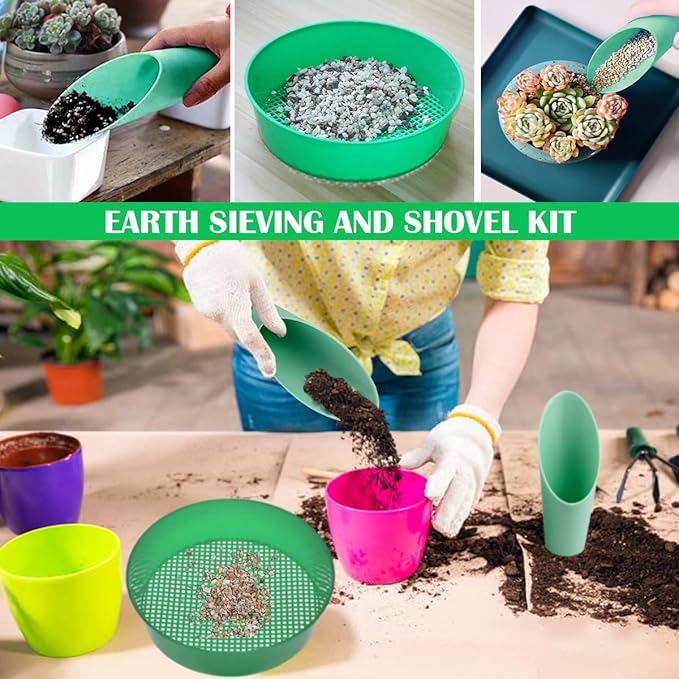 LNQ LUNIQ 4pcs Garden Soil Sifting Tray and Sand Sifter Set with Cylindrical Shovel - Ideal for Small Gravel, Soil and Sand Sifting, Seeding Work
