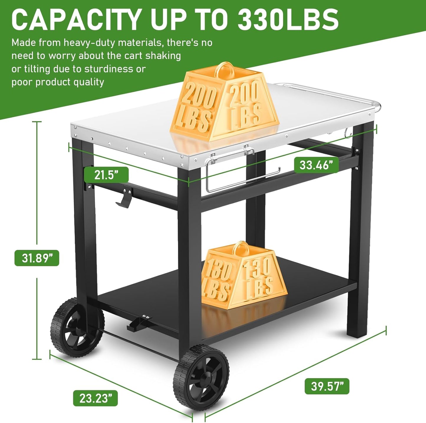 34x21IN Outdoor Grill Table, Grill Stand Cart for Ninja Woodfire & Blackstone Griddle, Pizza Oven Table for Outside, Extra-Wide Stainless Steel Cart with Wheels for Kitchen Food Prep Table