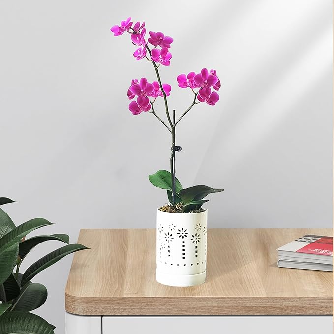 Orchid Pots with Holes,4 Inch Ceramic Orchid Pot for Repotting, Plant Pot for Repotting Orchids and Other Flowers - Indoor/Outdoor White