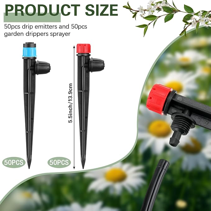 100 Pcs Drip Irrigation Emitters for 1/4" Tubing 50 Micro Irrigation Emitters Sprayer 50 Adjustable 360 Degree Water Flow Drippers for Garden Irrigation System(Red, Blue, Latch)