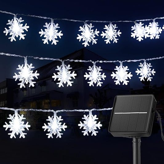 Solar Christmas Snowflake String Lights 100 LED 39 Feet Outdoor Waterproof Fairy Lights with 8 Lighting Modes for Wedding, Party, Tree, Room, Garden, Patio, Yard, Home, Pure White