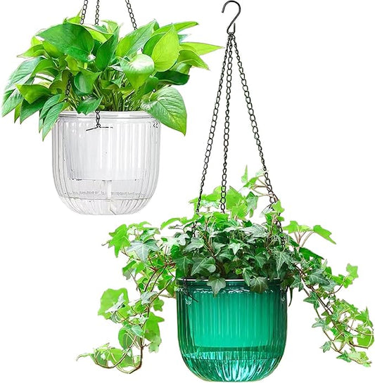 Melphoe 2 Pack Self Watering Hanging Planters Indoor Flower Pots, 6.5 Inch Outdoor Hanging Plant Pot Basket, Plant Hanger with 3Hooks Drainage Holes for Garden Home