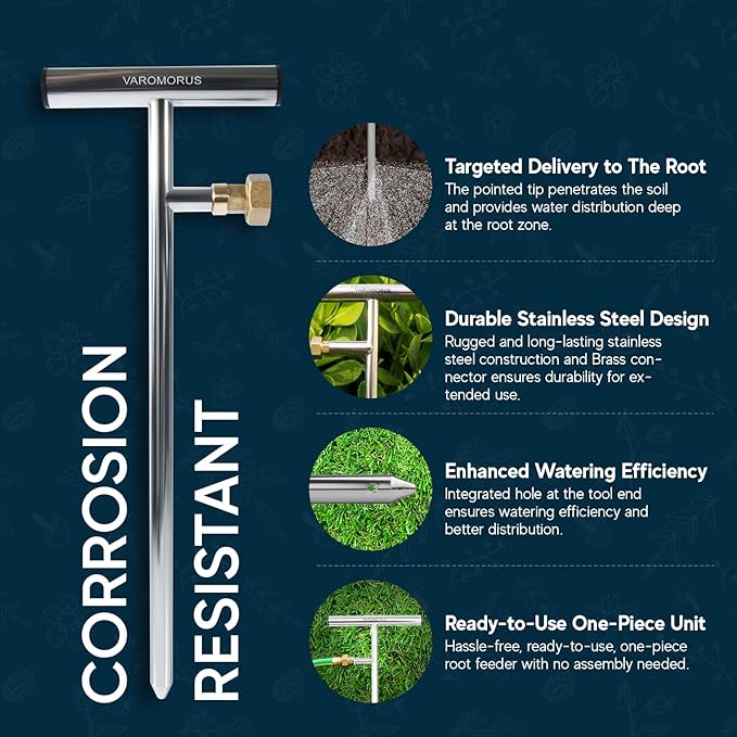 Varomorus Stainless Steel Deep Root Tree Watering Tool Irrigation System Wand T-Handle (T-Style Mini)