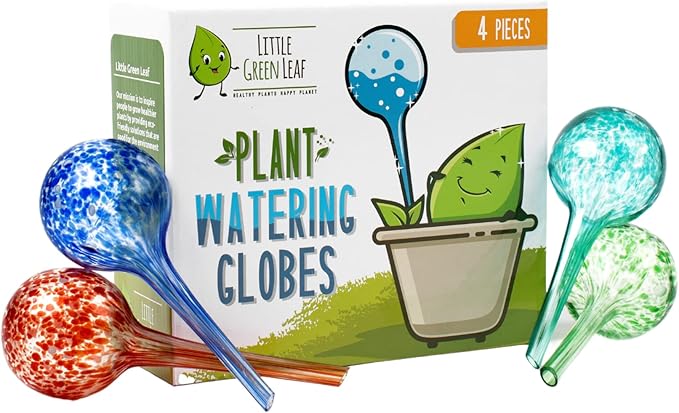 LGL Plant Watering Globes. Self Watering Planter Inserts Made from Hand-Blown Durable Glass. Self Watering Spikes to Support Plant Health. (4pk Small)