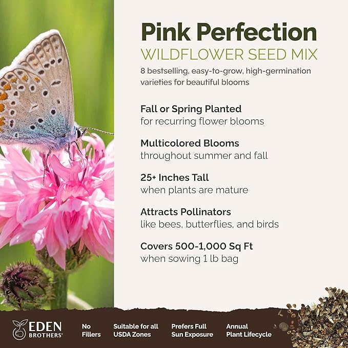 Eden Brothers Pink Perfection Flower Mixed Seeds for Planting, 1 lb, 480,000+ Seeds with Zinnia, Cosmos Versailles | Attracts Pollinators, Plant in Spring or Fall, Zones 3, 4, 5, 6, 7, 8, 9, 10