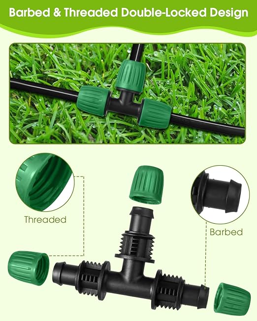 18 Pcs Drip Irrigation Fittings Kit for 1/2'' Tubing 1/2 Inch Drip Line Anti Drop Barbed Locking Nut Connector with 4 Tees 4 Couplings 3 Reducing Tee 3 Switch Valves 2 Elbows 2 Plugs (Green)