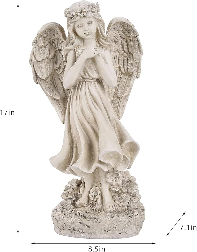 Garden Angel Figurines, Light Up Praying Angel Statues Outdoor Statue with Solar LED Lights for Patio, Lawn, Cemetary Grave Decoration, Sympathy Gift, 16.9" H