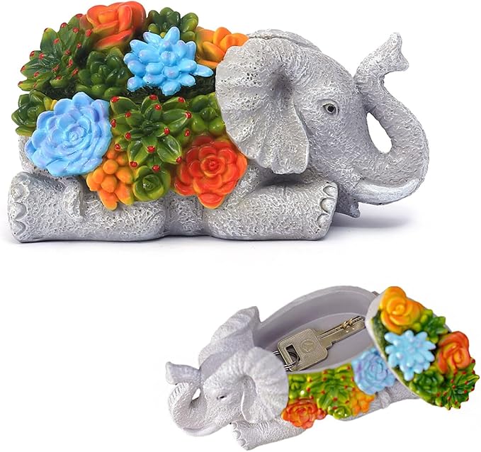 Outdoor Elephant Key Hider Statue - Cute Succulent Elephant Hide a Key Outdoor Decorative - Small Gift Box for Women, Home Decor & Elephant Gifts (Elephant)