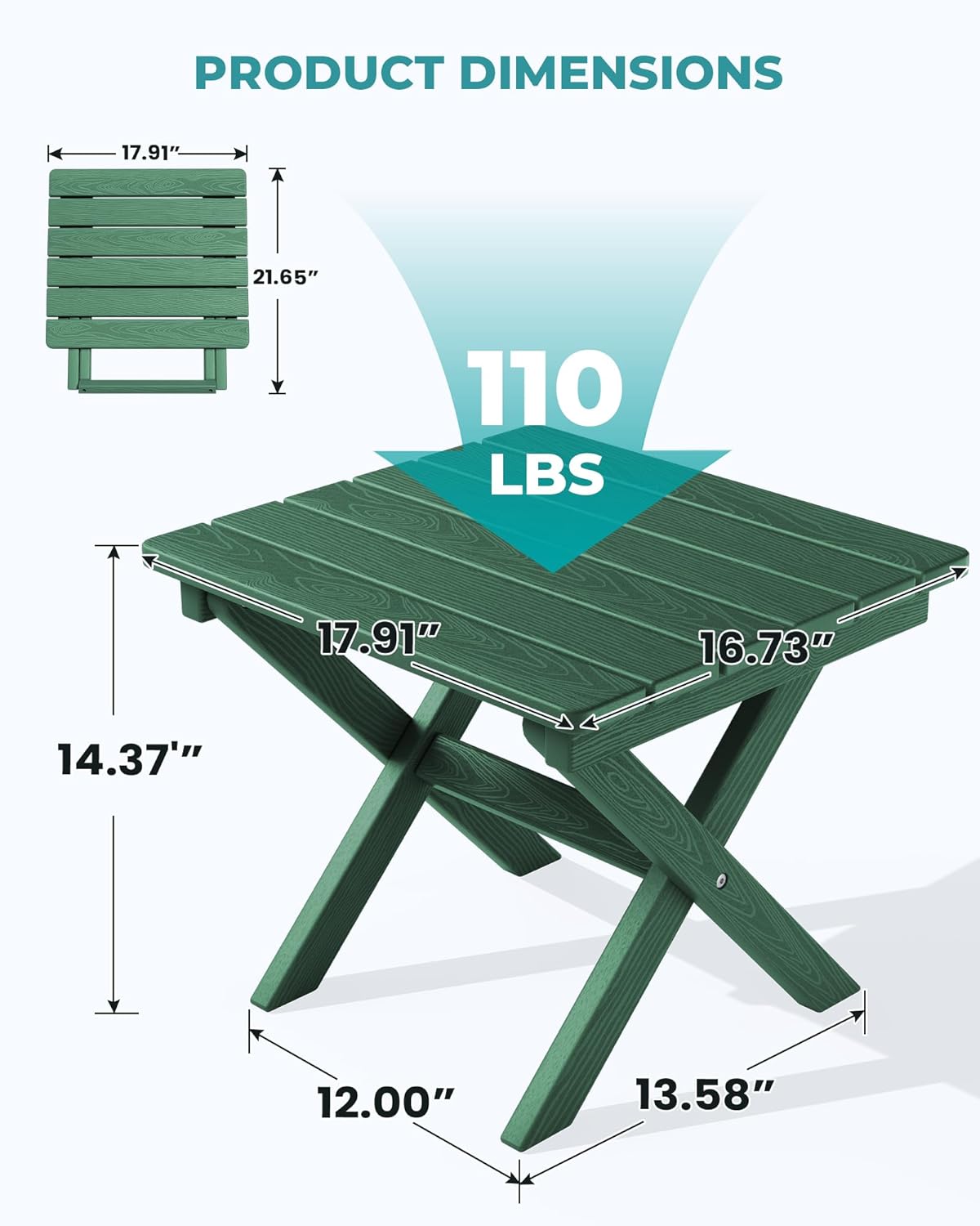 SERWALL Portable Folding Outdoor Side Table - Adirondack Style, HDPE Material, No Assembly Required, Outside End Table for Patio, Porch, Deck, Pool, Green