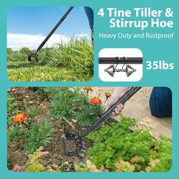 Upgraded Stirrup Hoe and Cultivator,Garden Hoe with Adjustable Handle for Weeding,Digger,loosening Soil,Metal Garden Hula Hoe with Rake Tiller Cultivator (30-62 Inch)
