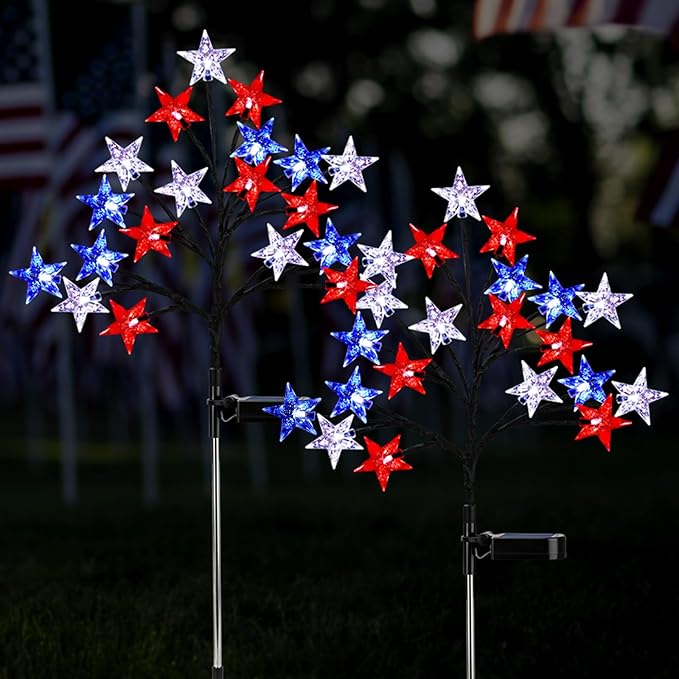 Solar 4th of July Stake Lights, Red White and Blue Lights Outdoor Decorations, Led Patriotic Lights Battery Operated for Memorial Day, July 4th, Veterans Day Outside Decor (2 Individual Pack)