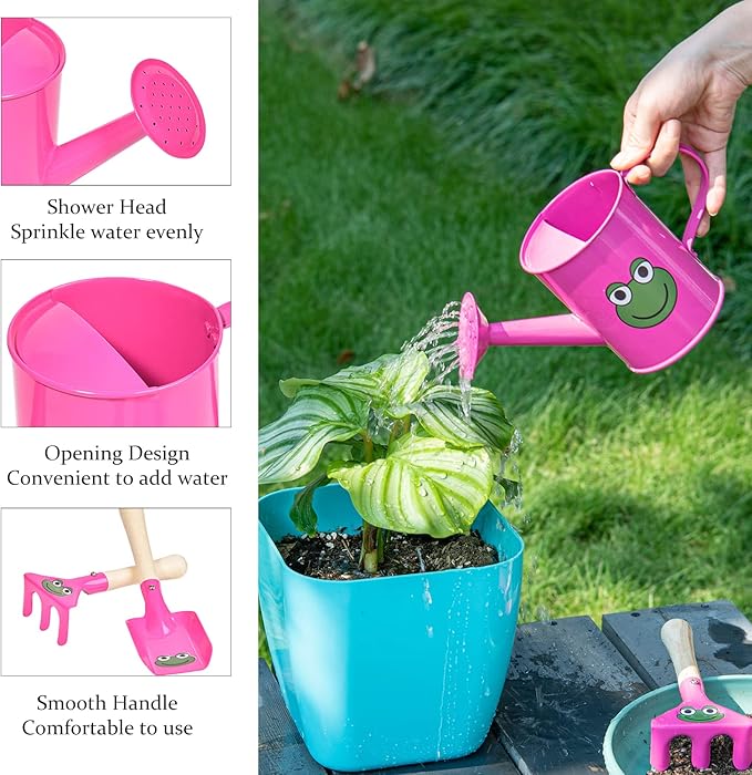 Sungmor Small Watering Can Set Cute Little Gardener Kit | Package Includes 3PC Rose Red Frog Watering Can & Trowel & Rake Gardening Hand Tools | Perfect for Garden,Yard or Beach