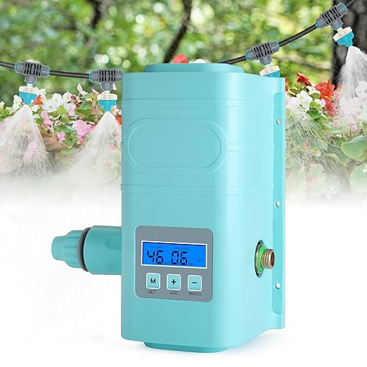 Automatic drip Irrigation Sprinkler kit, LCD Display, Supporting 15 nozzles, with Multiple Installation Methods for nozzles, Automatic Watering System for Plants,with Digital Programmable Water Timer