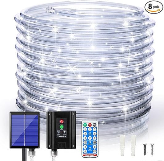 Solar Outdoor Rope Lights, 66ft 200leds Solar Powered Rope Lights Outdoor, 8 Modes Dimmable/Timer Remote String Light 3.7V/1200mAh Rope Solar Lights Outdoor Waterproof for Garden Decor, White
