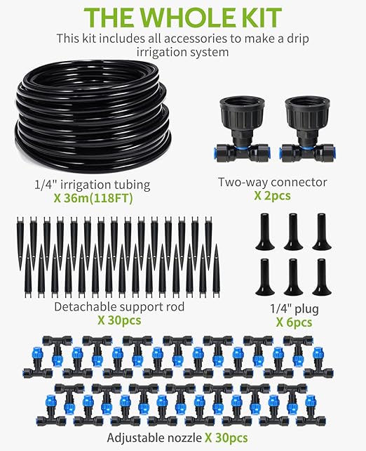 HIRALIY 118FT Greenhouse Mist Drip Irrigation Kit, Hanging Plant Watering, Garden Watering System with 1/4" Blank Tubing and Misting Nozzles, Quick Connector Design Automatic Irrigation System