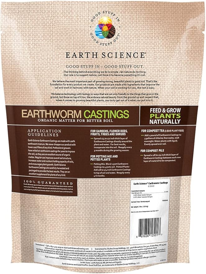 Earth Science – Earthworm Castings – Premium Plant Fertilizer for Indoor & Outdoor Plants – Soil Enhancer for Vegetable Gardens 3lb