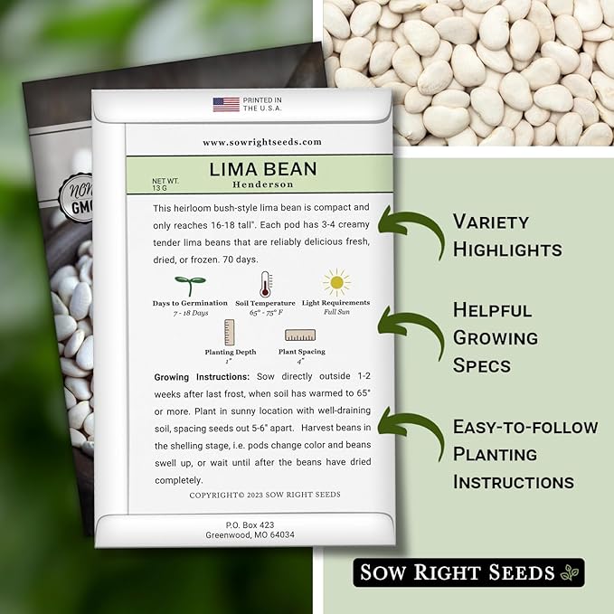 Sow Right Seeds - Bush Henderson Lima Bean Seeds for Planting - Non-GMO Heirloom Packet, Instructions to Plant an Outdoor Home Vegetable Garden - White Lima Variety - Great for Canning or Freezing (1)