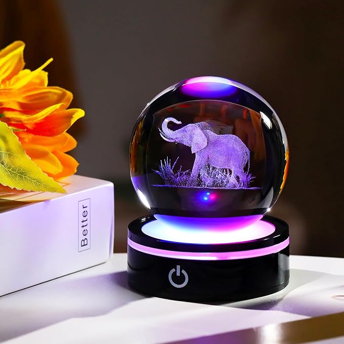YWHL 3D Elephant Figurine Crystal Ball with Colorful Light Base, Elephant Gift for Women and Men on Christmas or Birthday, 3D Laser Engraved Full Sphere Glass Decorative Ball for Home or Office (80mm)