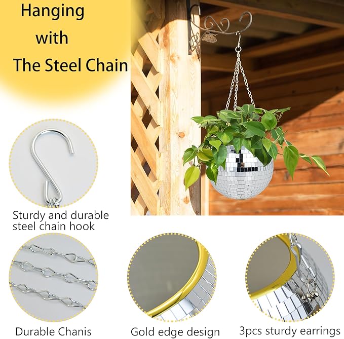 2Pcs Disco Ball Planter, 6"/8" Disco Planter with Hanging Chain & Hook & Ring Stand, Disco Ball Plant Hangers for Indoor and Outdoor Plants, Hanging Plant Holder (2Pcs 6", Silver)