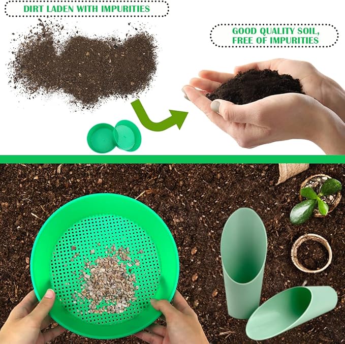 LNQ LUNIQ 4pcs Garden Soil Sifting Tray and Sand Sifter Set with Cylindrical Shovel - Ideal for Small Gravel, Soil and Sand Sifting, Seeding Work