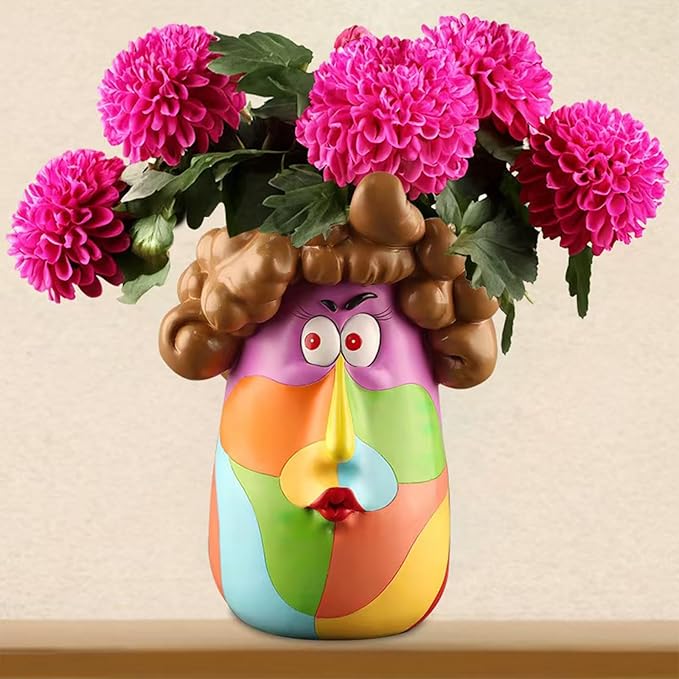 TOZLU Picasso Brutalist Abstract Beauty Face Flower Pot Ornaments Abstract Face Flower Pots Abstract Head Planter Pots Container Colorful Face Art Abstract Resin Flower Pot (Curly Haired Girl)