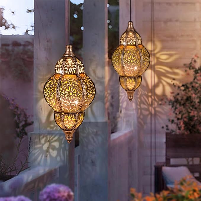 Solar Lanterns Outdoor Waterproof, Hanging Solar Lantern Garden Decor, Metal Moroccan Decorative Solar Garden Lights for Yard, Patio, Lawn, Porch, Unique Housewarming Gifts, Copper