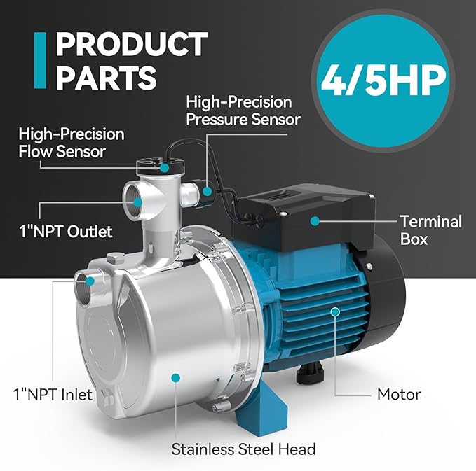 4/5 HP Smart Control Booster Jet Pump, 1000 GPH 115V Stainless Steel Shallow Well Pump with Automatic On/Off for Home, Garden, Farm Irrigation, and Sprinkler Systems, Enhanced Water Pressure