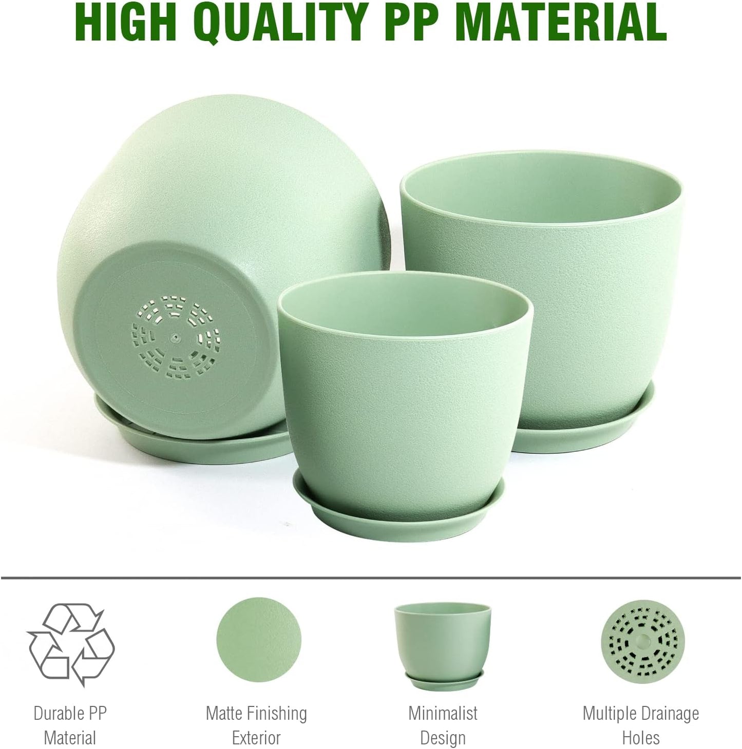 Modern Plant Pots Set, 9/8/7.5 inch Plastic Planters for Indoor Plants, Stylish Flower Pots with Drainage Holes and Saucers for House Plants and Flowers, Green