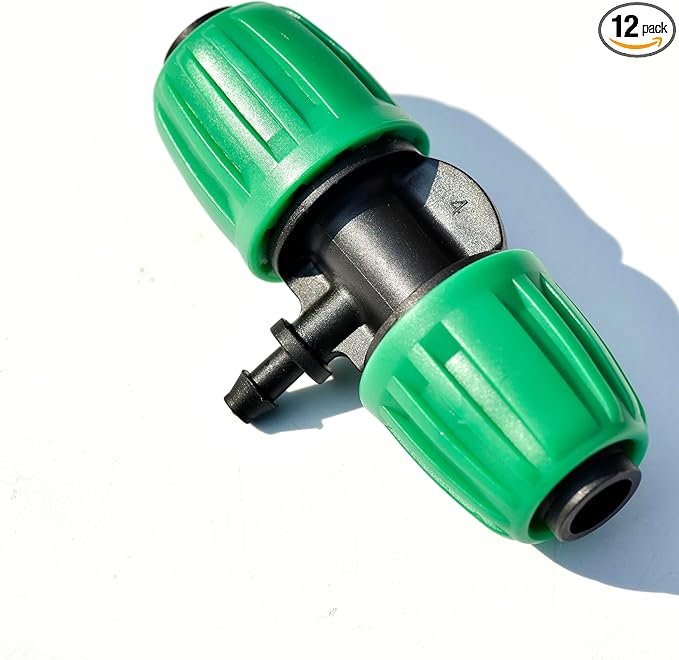 1/2 Inch to 1/4 Inch Drip Irrigation Tubing Fittings, Locking Caps Barbed Tee, Fit 1/2" Drip Tubing (OD: 0.6-0.65") x 1/4 Hose (ID 4mm)-12 Pcs/pack