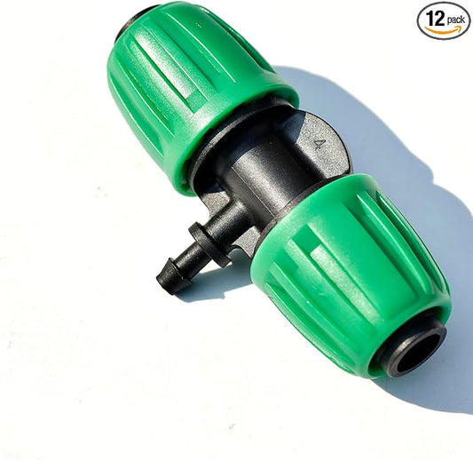 1/2 Inch to 1/4 Inch Drip Irrigation Tubing Fittings, Locking Caps Barbed Tee, Fit 1/2" Drip Tubing (OD: 0.6-0.65") x 1/4 Hose (ID 4mm)-12 Pcs/pack
