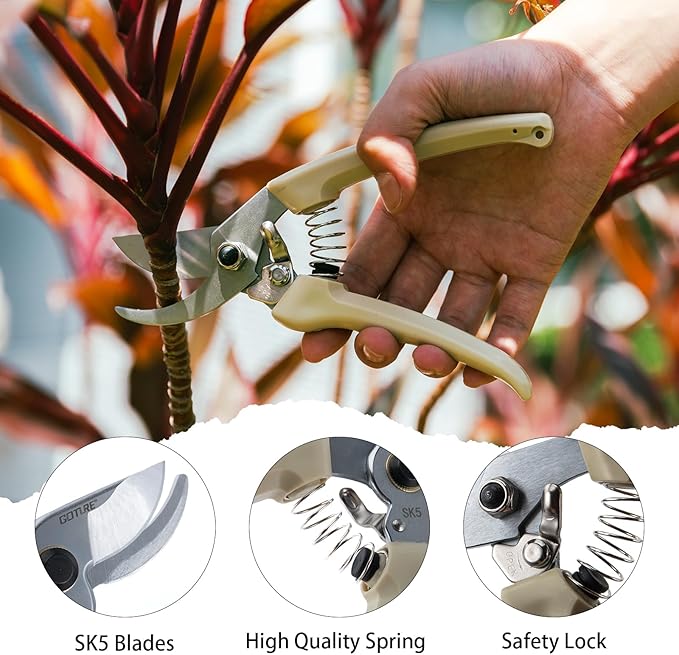 Goture Garden Shears 1Pc, Pruning Shears for Gardening, SK5 Garden Shears Pruning, Beige Garden Scissors Tools