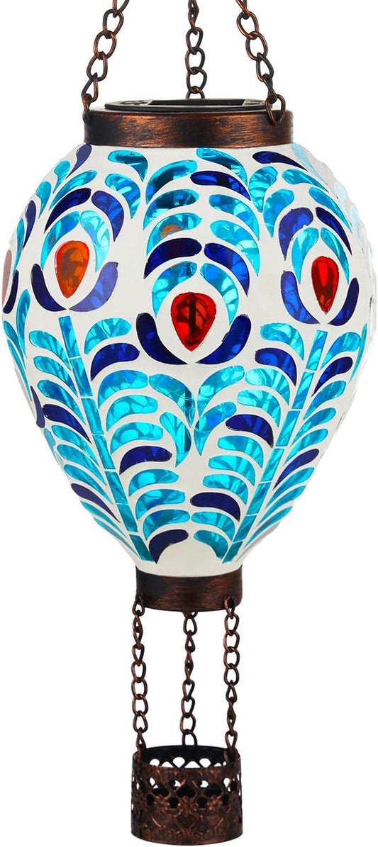 VOREEN Hot Air Balloon Solar Lantern, Mosaic Solar Outdoor Hanging Wind Light, Waterproof, Patio Festive Decor, Easter Gifts for Mom Father Grandma, Peacock Feather Design