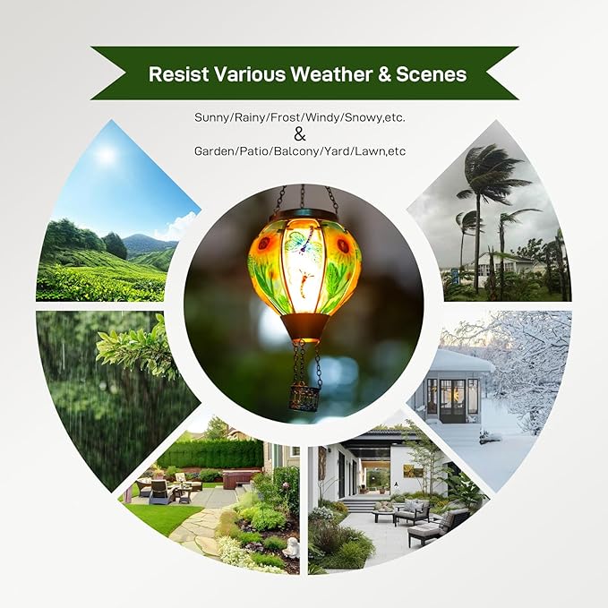 Hanging Hot Air Balloon Solar Lantern, Dragonfly Solar Power Hot Air Balloon Lantern Outdoor Waterproof, Glass Hanging Light for Outdoor Patio Garden Decor
