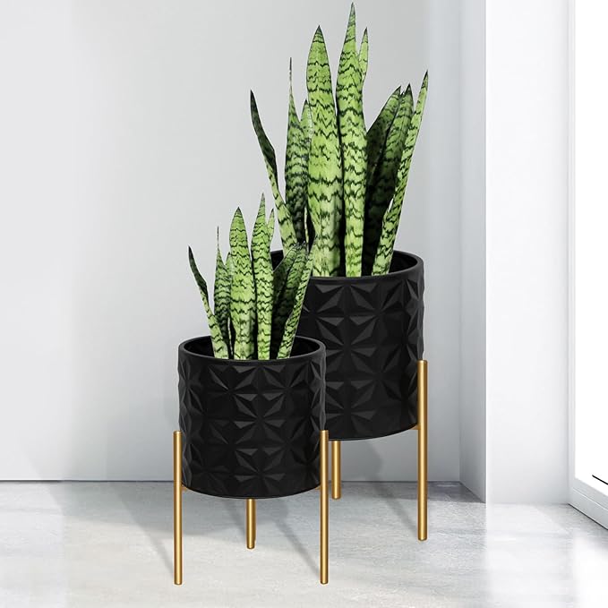 ARNIS Modern Planter Pots, Set of 2 Large Planters with Stand, Decorative Planters, Metal Pots with Drainage Holes for Living Room, Office, Garden or Balcony, 8.25 &10.5 Inch, Matte Black